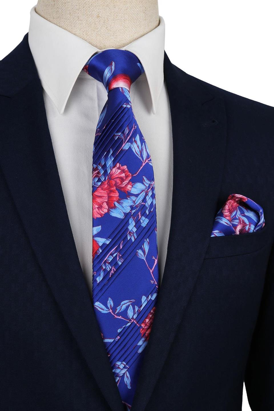 Mavi Çiçek Desen Piliseli İpek Kravat EST105