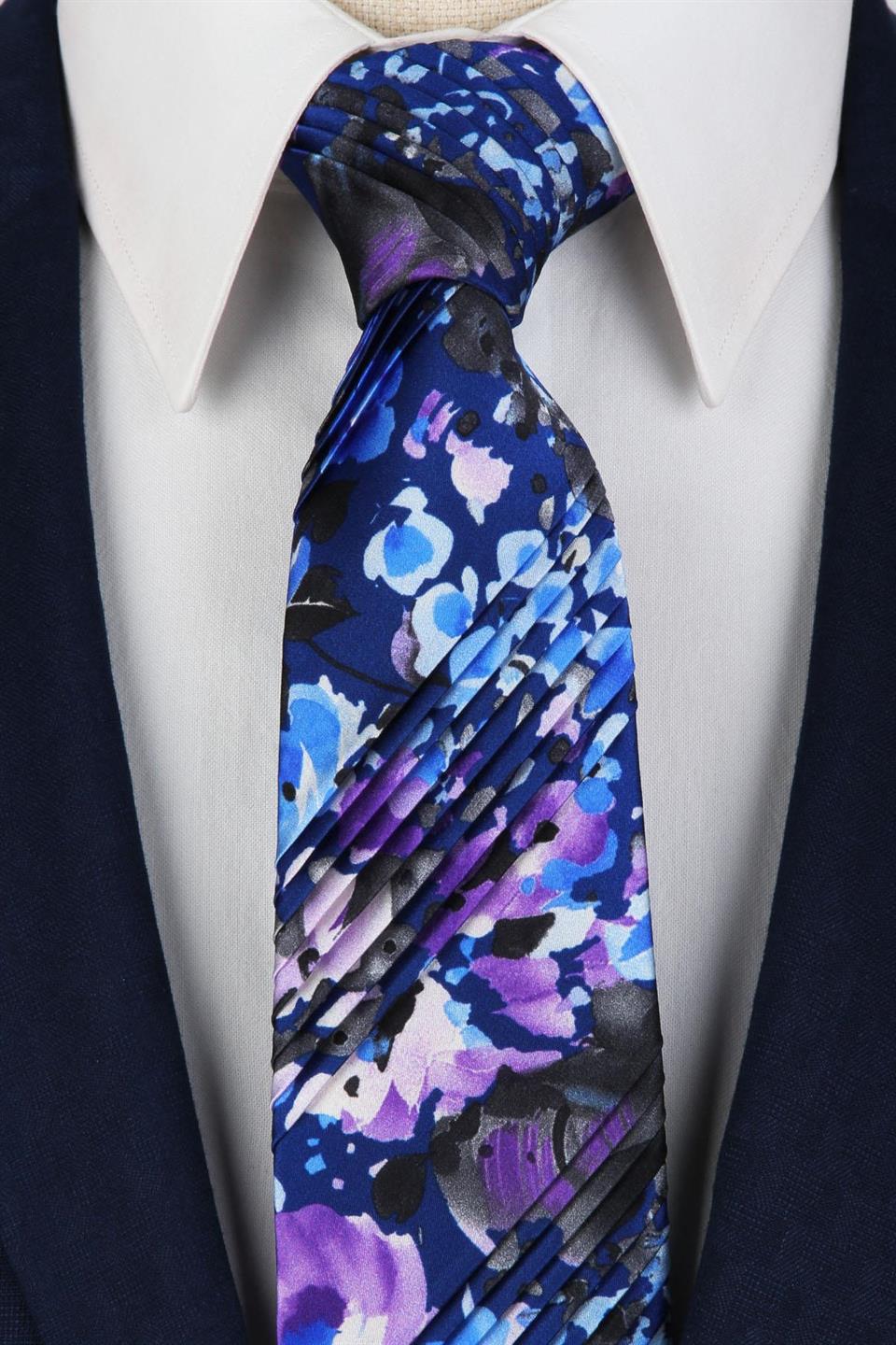 Mavi Çiçek Desen Piliseli İpek Kravat EST41