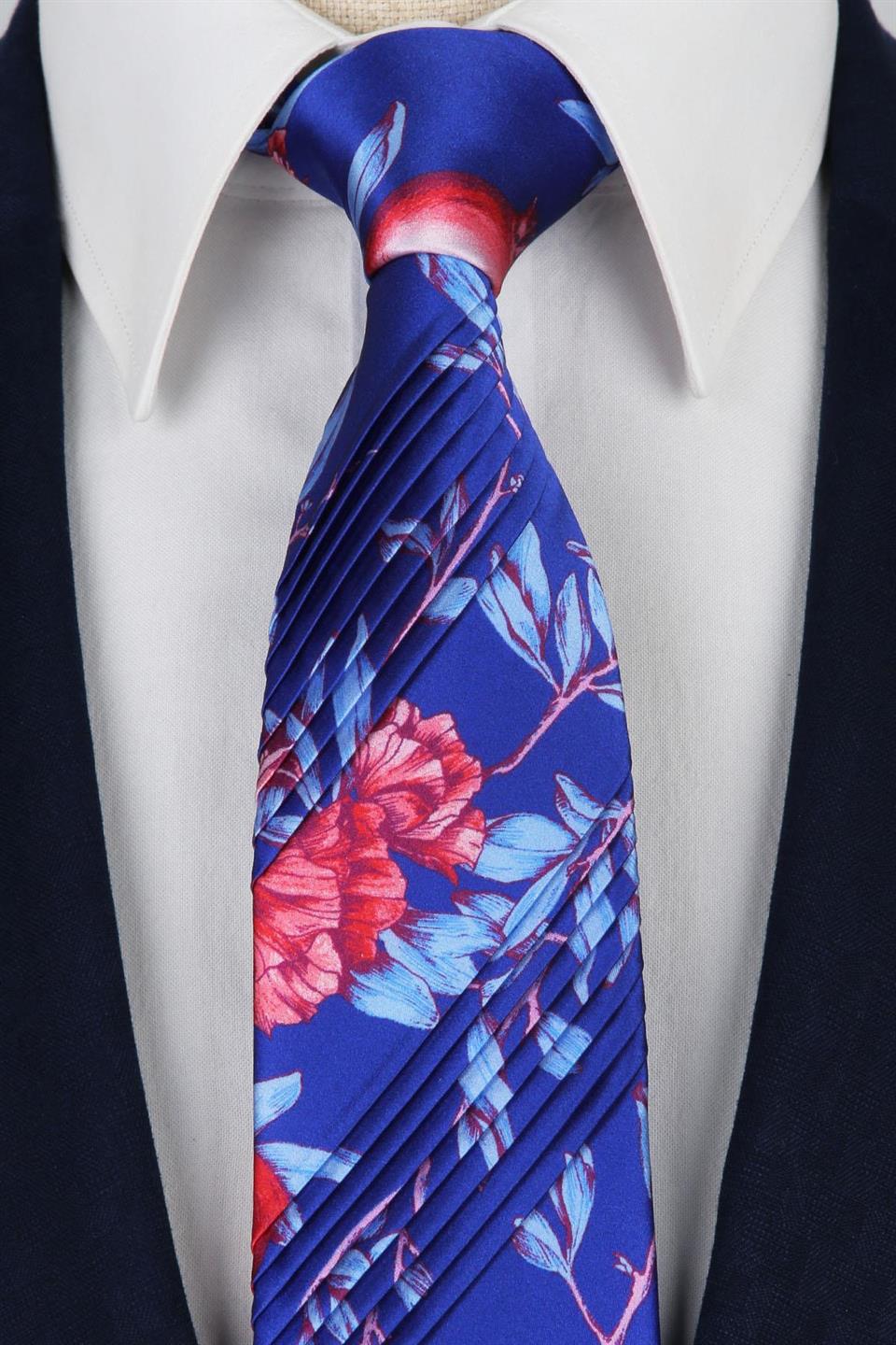 Mavi Çiçek Desen Piliseli İpek Kravat EST105