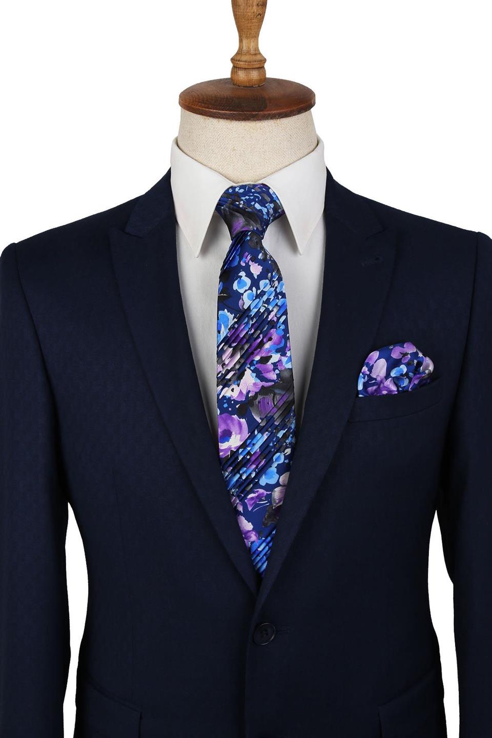 Mavi Çiçek Desen Piliseli İpek Kravat EST41