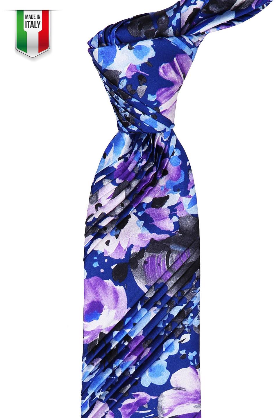 Mavi Çiçek Desen Piliseli İpek Kravat EST41