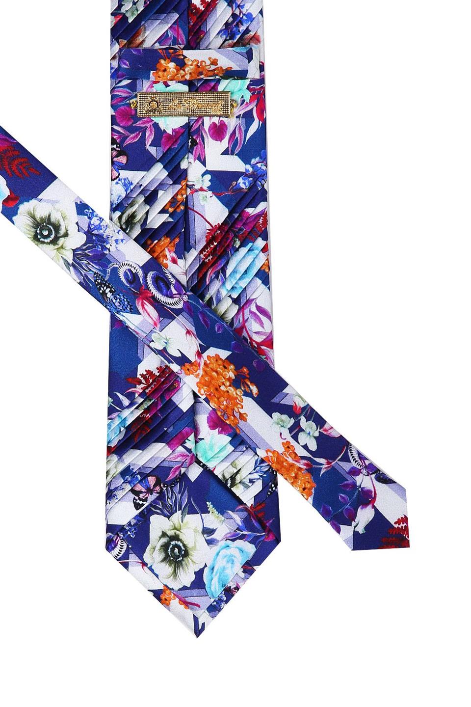 Mavi Çiçek Desen Piliseli İpek Kravat EST118