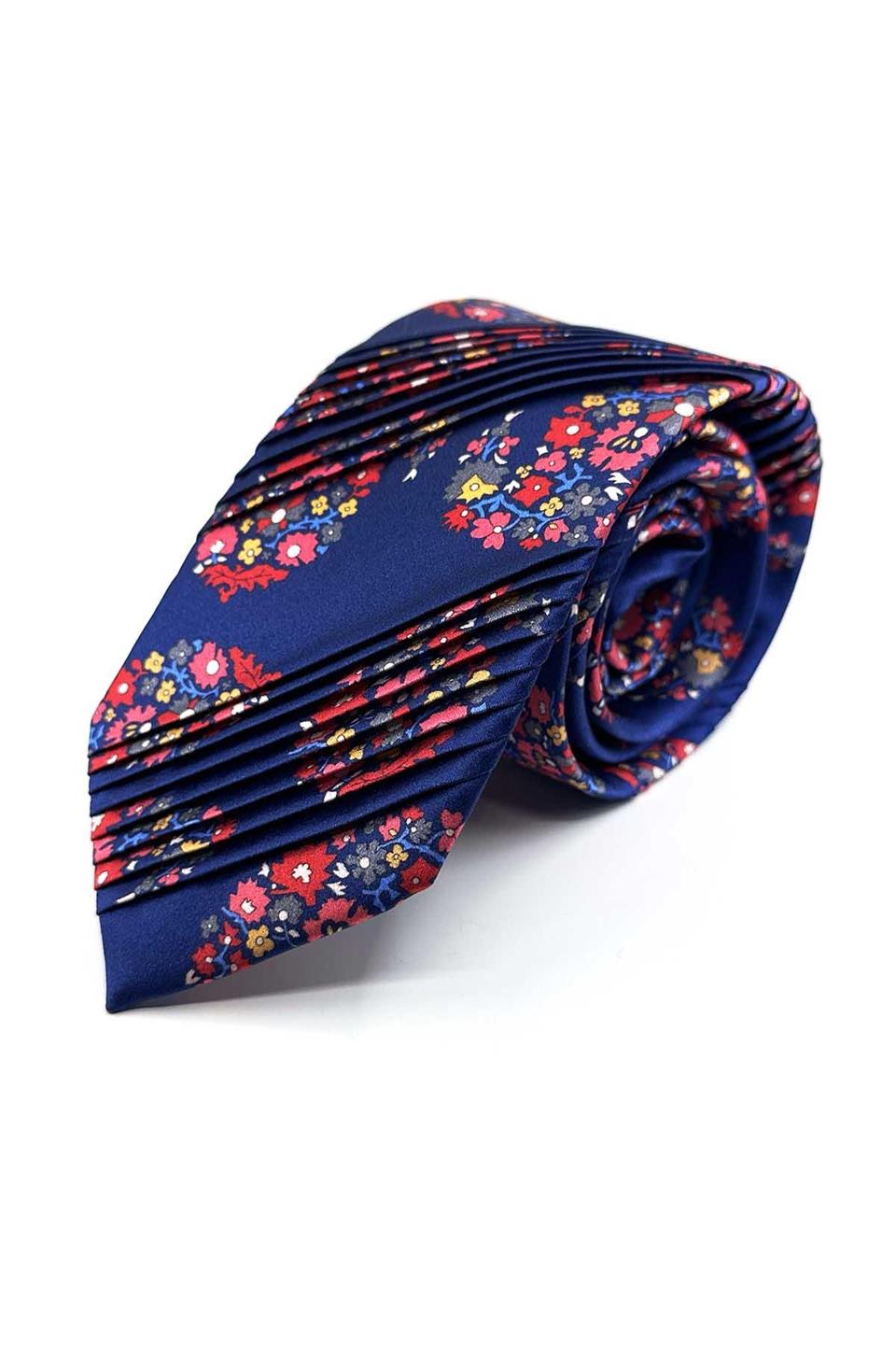 Mavi Çiçek Desen Piliseli İtalyan İpek Kravat EST200