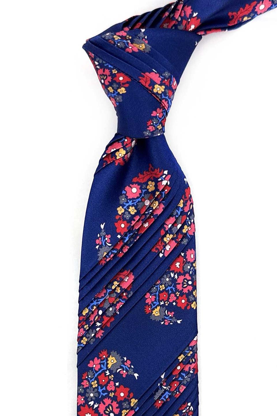 Mavi Çiçek Desen Piliseli İtalyan İpek Kravat EST200