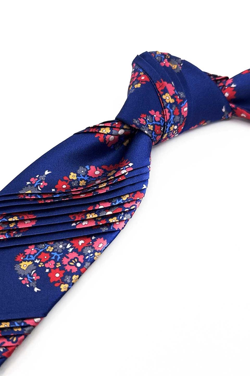 Mavi Çiçek Desen Piliseli İtalyan İpek Kravat EST200
