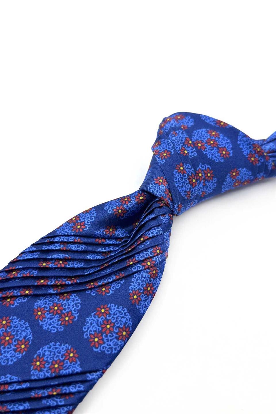 Mavi Çiçek Desen Piliseli İtalyan İpek Kravat EST210
