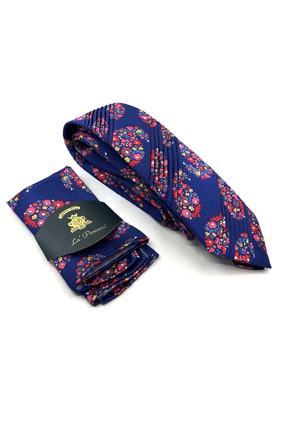 Mavi Çiçek Desen Piliseli İtalyan İpek Kravat EST200