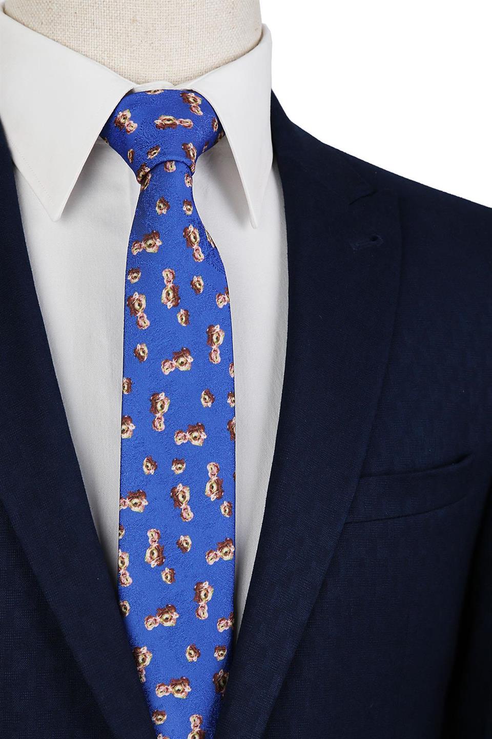 Mavi Çiçek Desenli Slim Kravat 5891