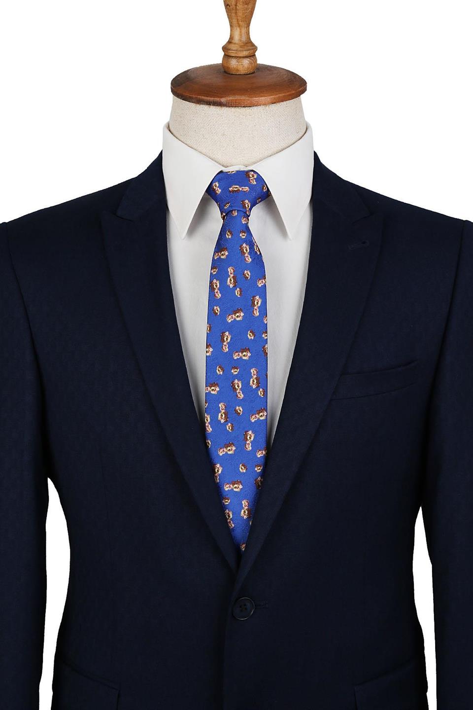 Mavi Çiçek Desenli Slim Kravat 5891
