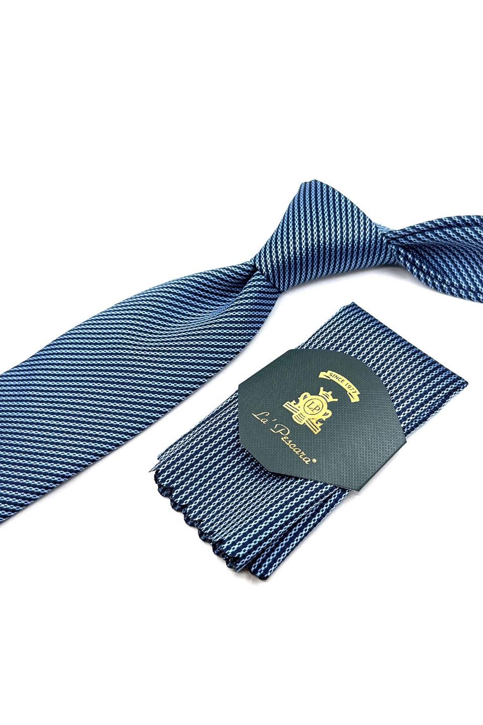 Mavi Çizgi Desen Mendilli Klasik Kravat KK11921