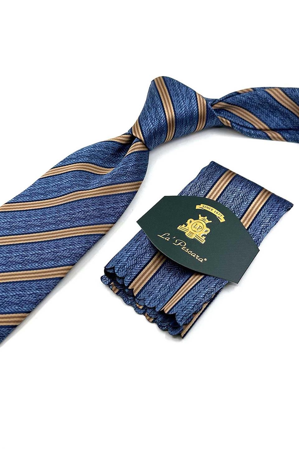 Mavi Çizgi Desen Mendilli Klasik Kravat KK13190
