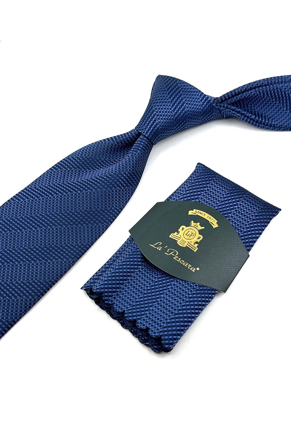 Mavi Çizgi Desen Mendilli Klasik Kravat KK12060