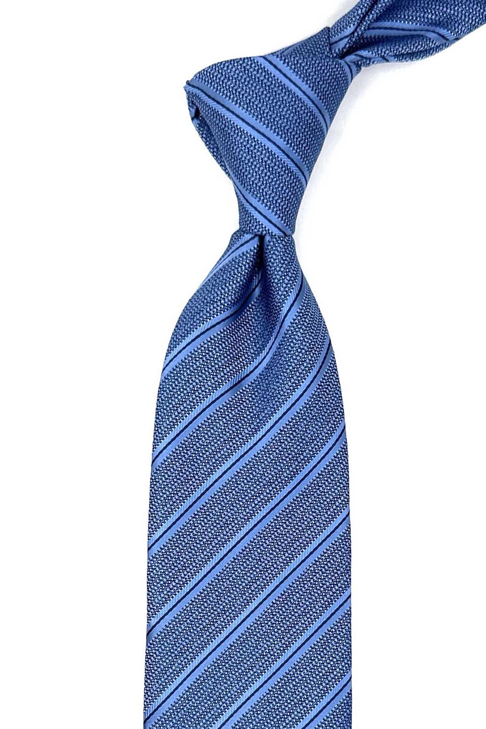 Mavi Çizgi Desen Mendilli Klasik Kravat KK12552