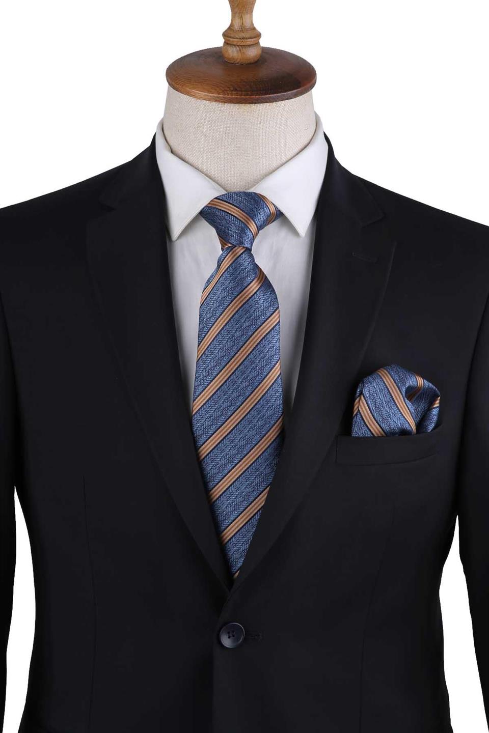 Mavi Çizgi Desen Mendilli Klasik Kravat KK13190