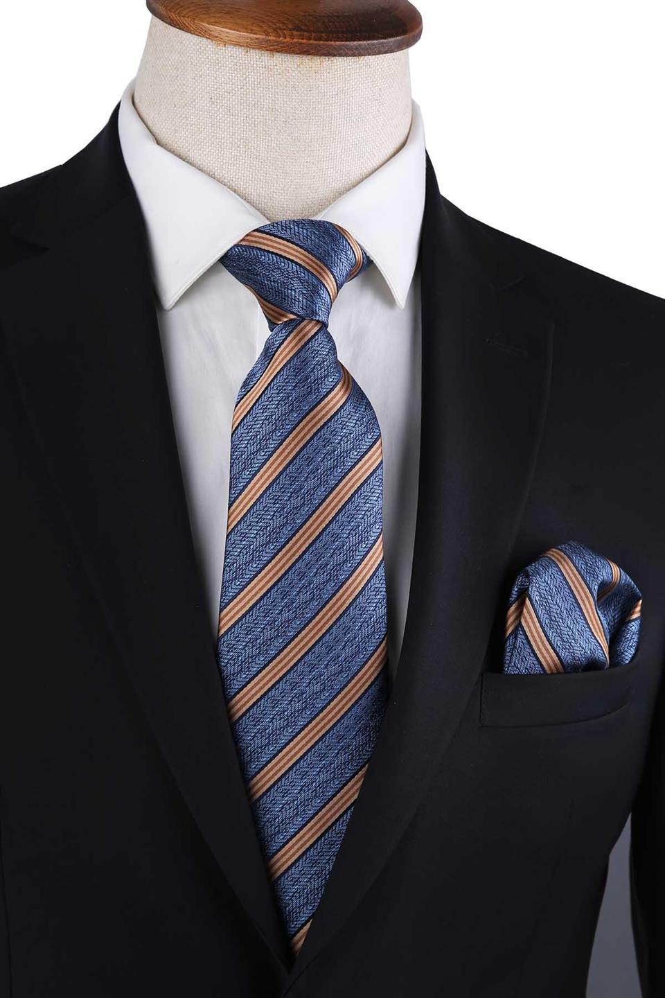 Mavi Çizgi Desen Mendilli Klasik Kravat KK13190