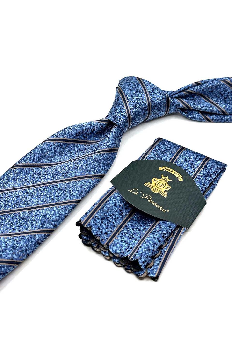 Mavi Çizgi Desen Mendilli Klasik Kravat KK12913