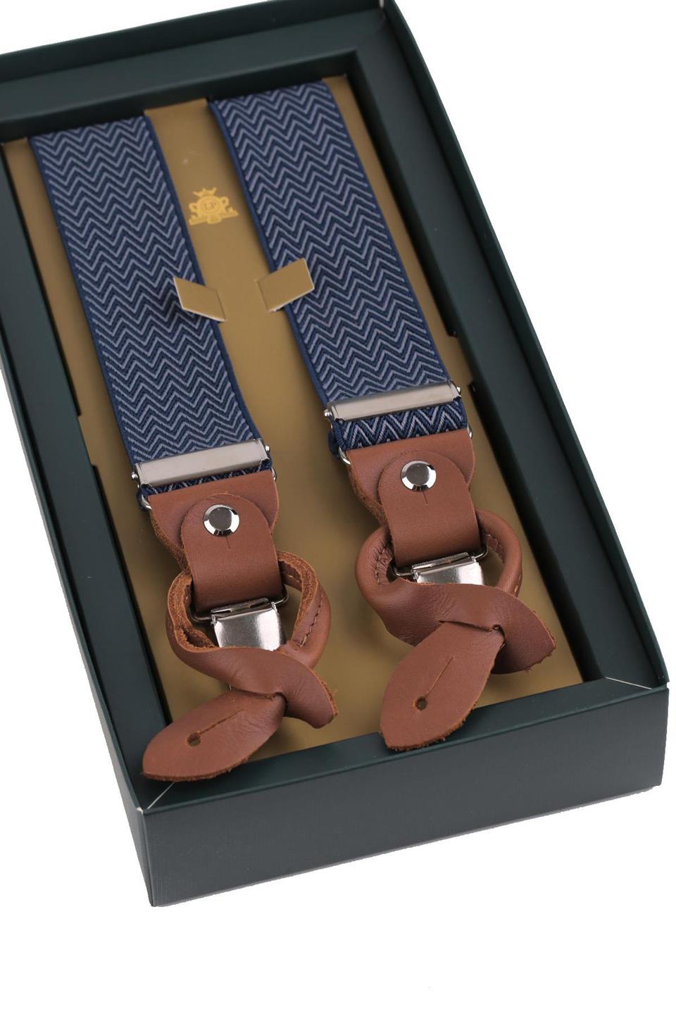 Mavi Deri Bağlantılı Düğme Delikli Jakarlı Pantolon Askısı PAN144