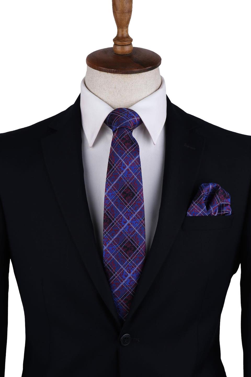 Mavi Ekose Desen Mendilli Klasik Kravat KK10585