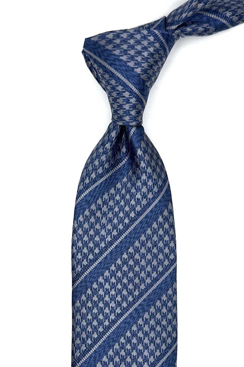 Mavi - Gri Kaz Ayağı Mendilli Klasik Kravat KK12849