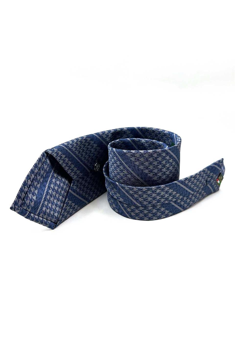 Mavi - Gri Kaz Ayağı Mendilli Klasik Kravat KK12849