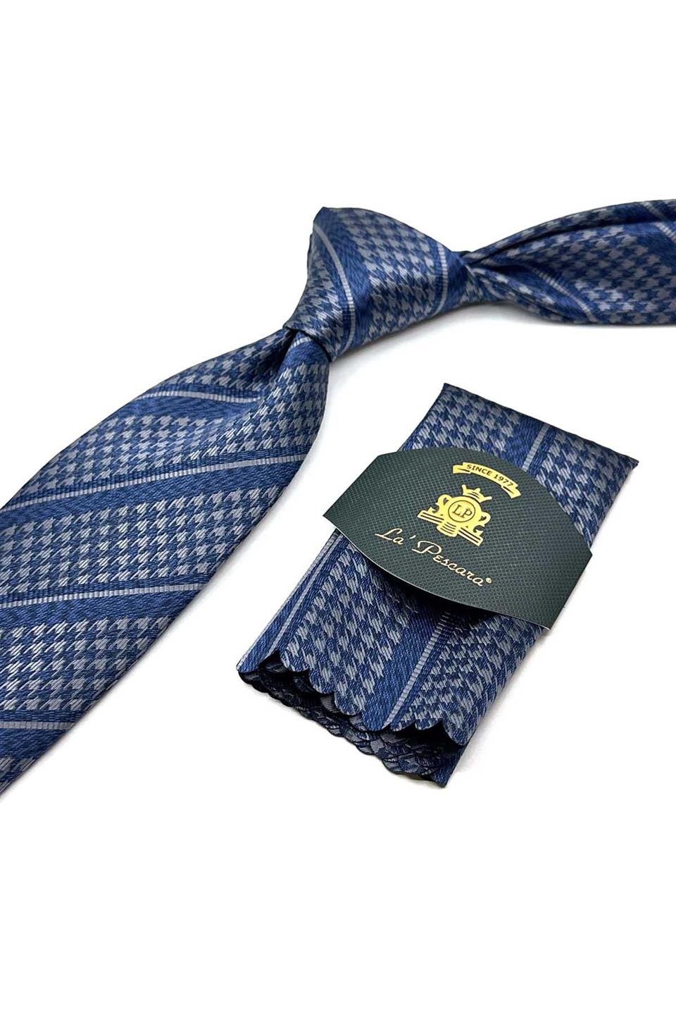 Mavi - Gri Kaz Ayağı Mendilli Klasik Kravat KK12849