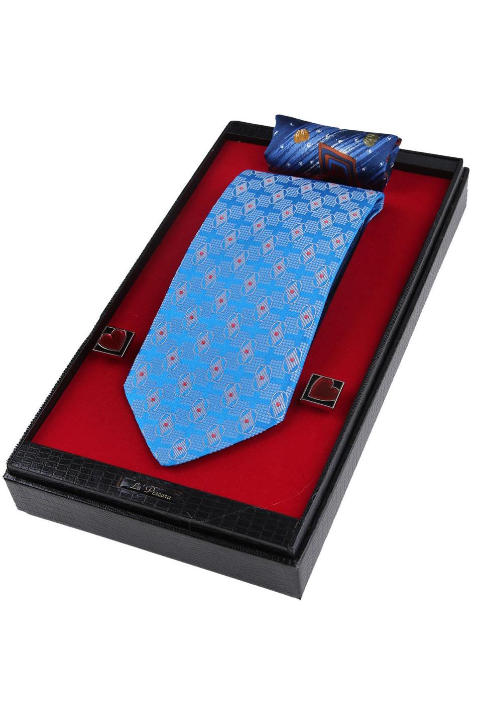 Mavi İtalyan İpek Kravat Mendil Kol Düğmesi Sevgilier Günü Hediyesi SKS51