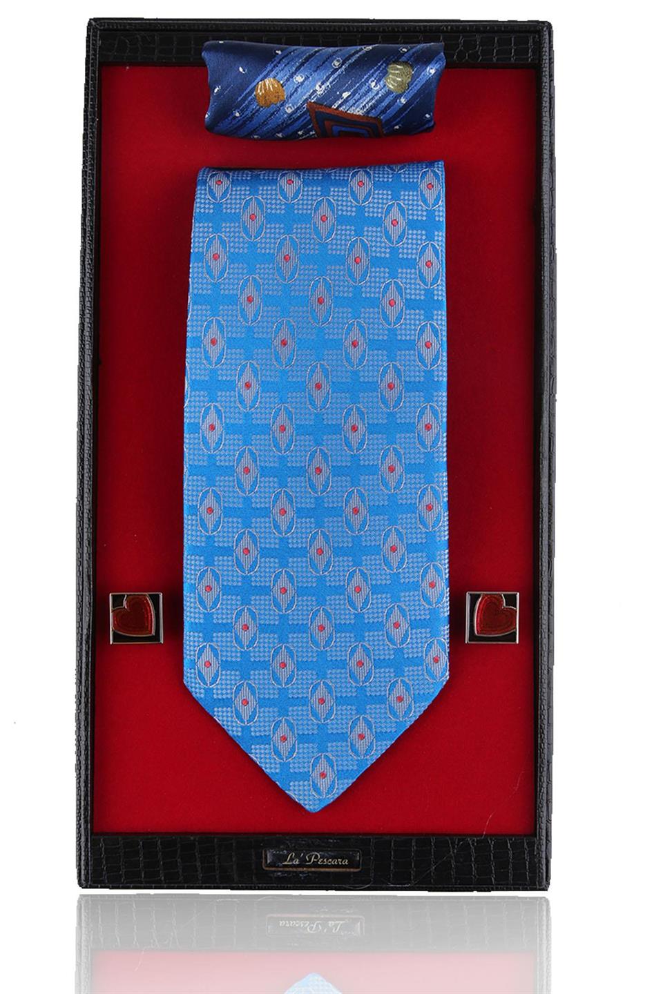 Mavi İtalyan İpek Kravat Mendil Kol Düğmesi Sevgilier Günü Hediyesi SKS51