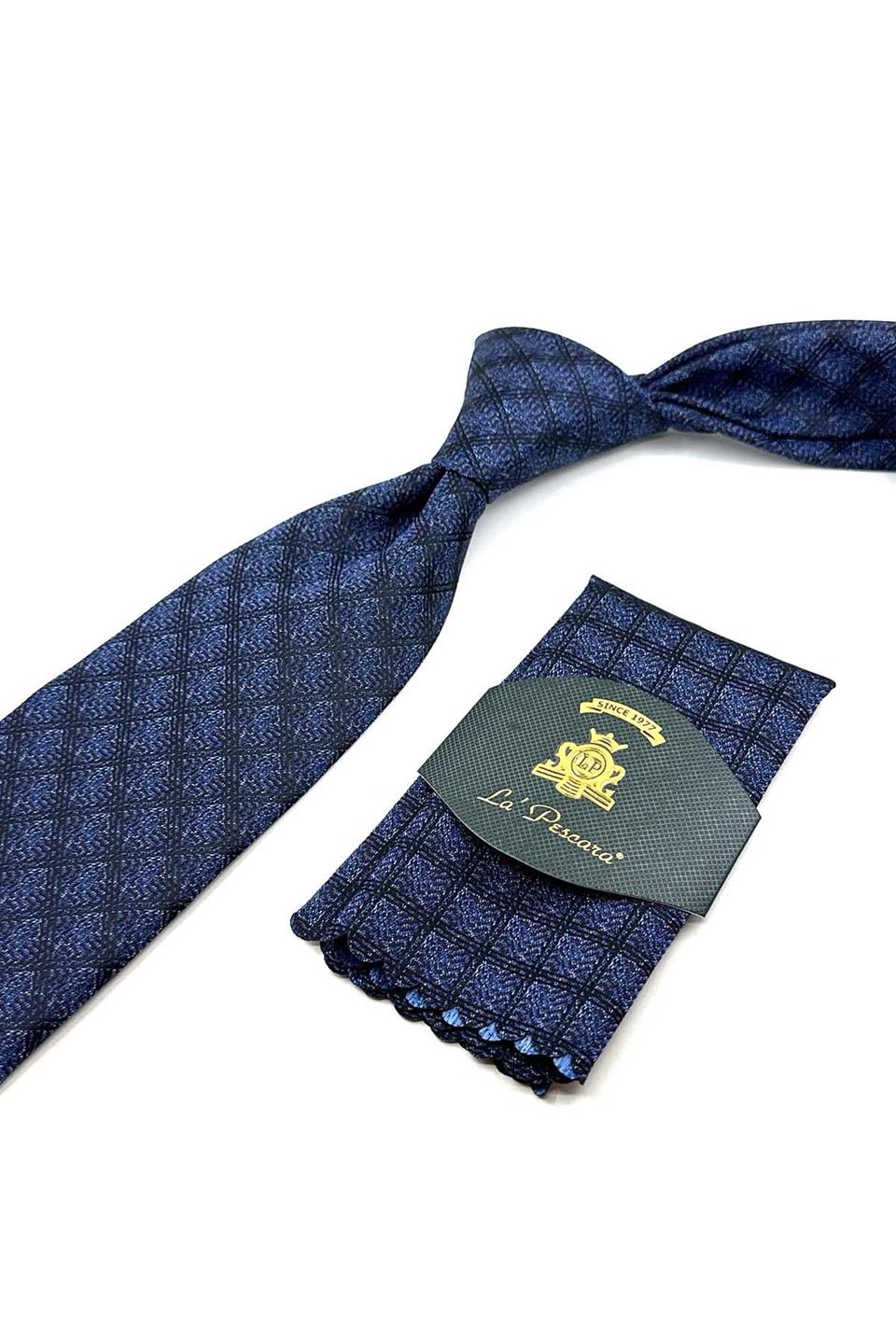 Mavi - Kahve Kare Desen Mendilli Klasik Kravat KK12490
