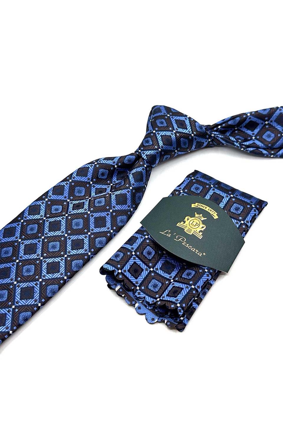 Mavi - Kahve Kare Desen Mendilli Klasik Kravat KK12868