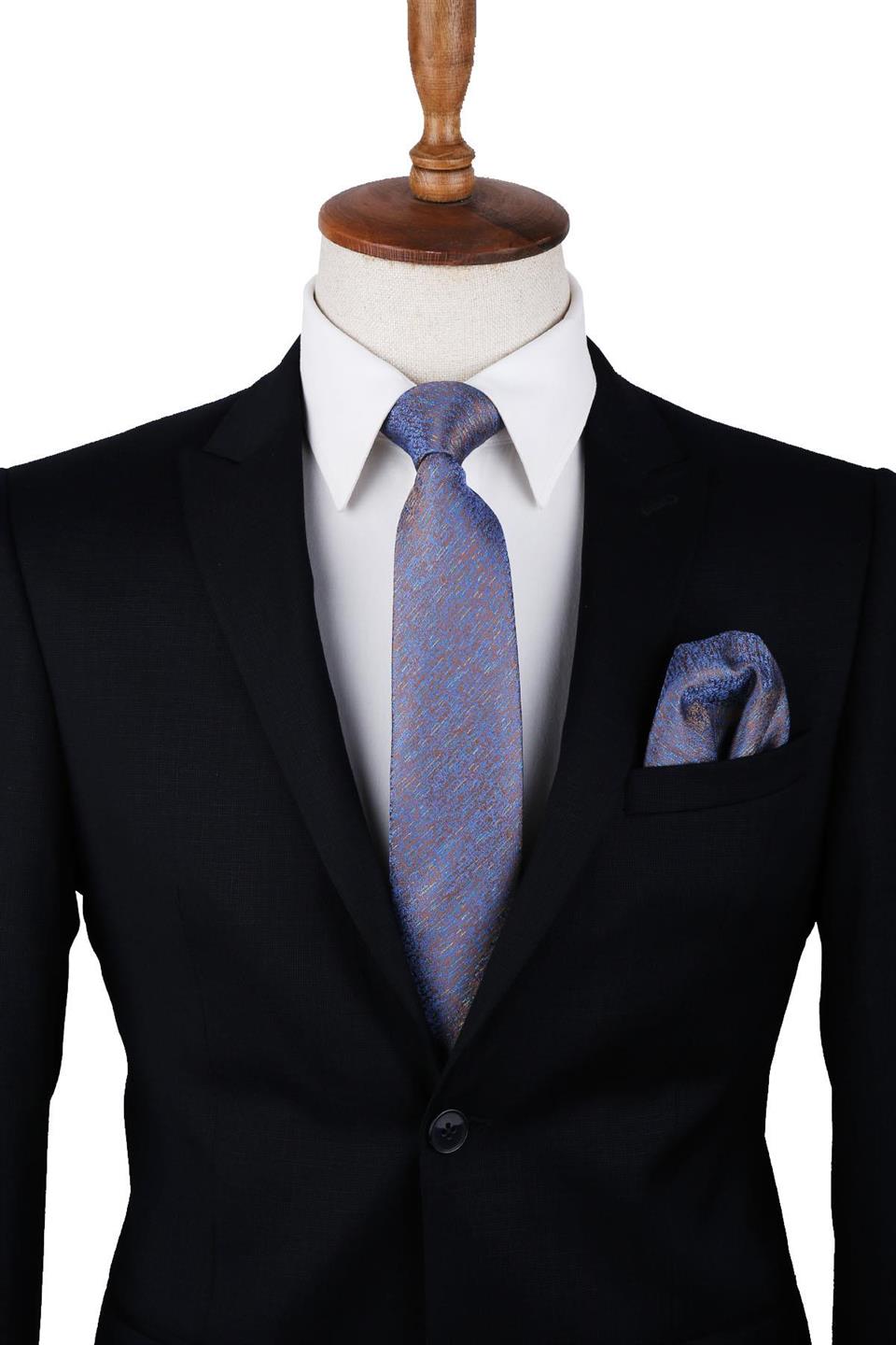 Mavi - Kahve Kum Desen Mendilli Klasik Kravat KK10035