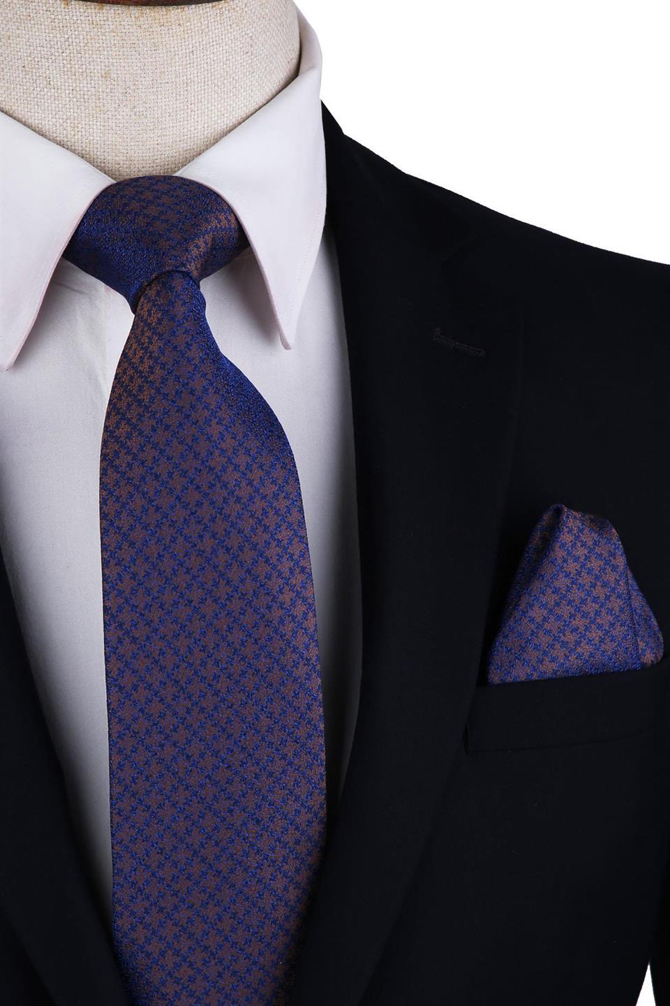 Mavi - Kahve Motif Desen Mendilli Klasik Kravat KK10307