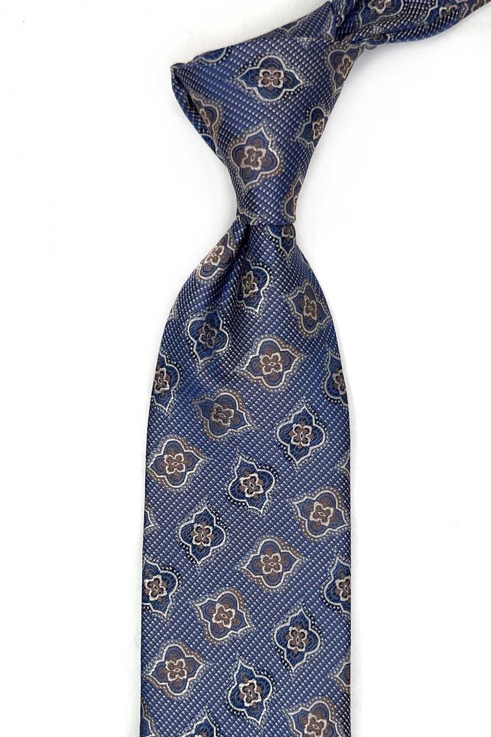Mavi - Kahve Motif Desen Mendilli Klasik Kravat KK13610