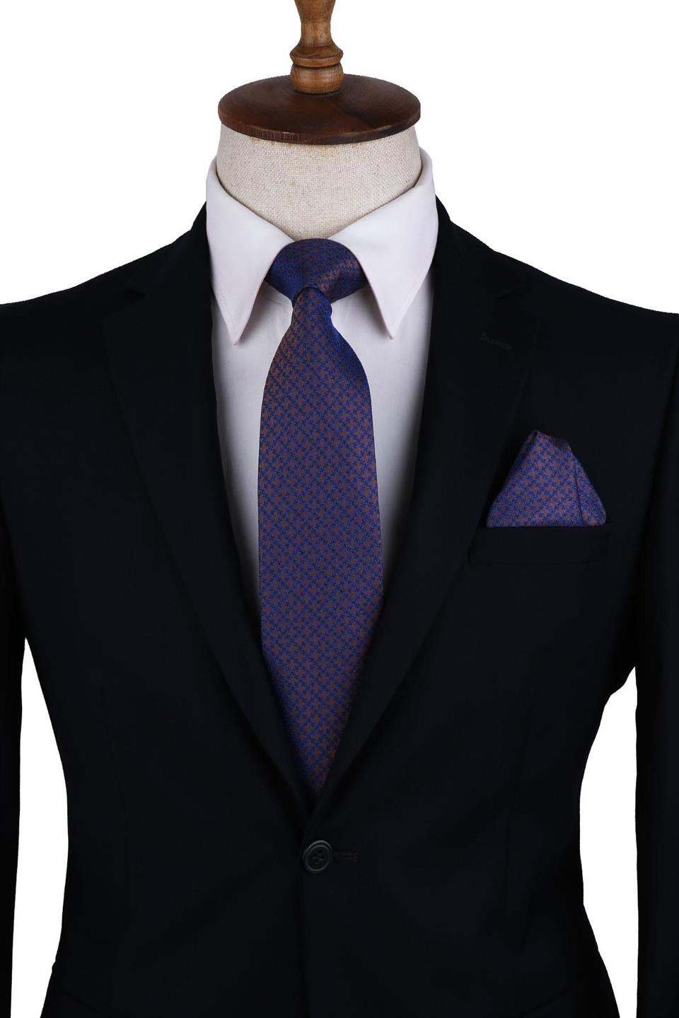 Mavi - Kahve Motif Desen Mendilli Klasik Kravat KK10307