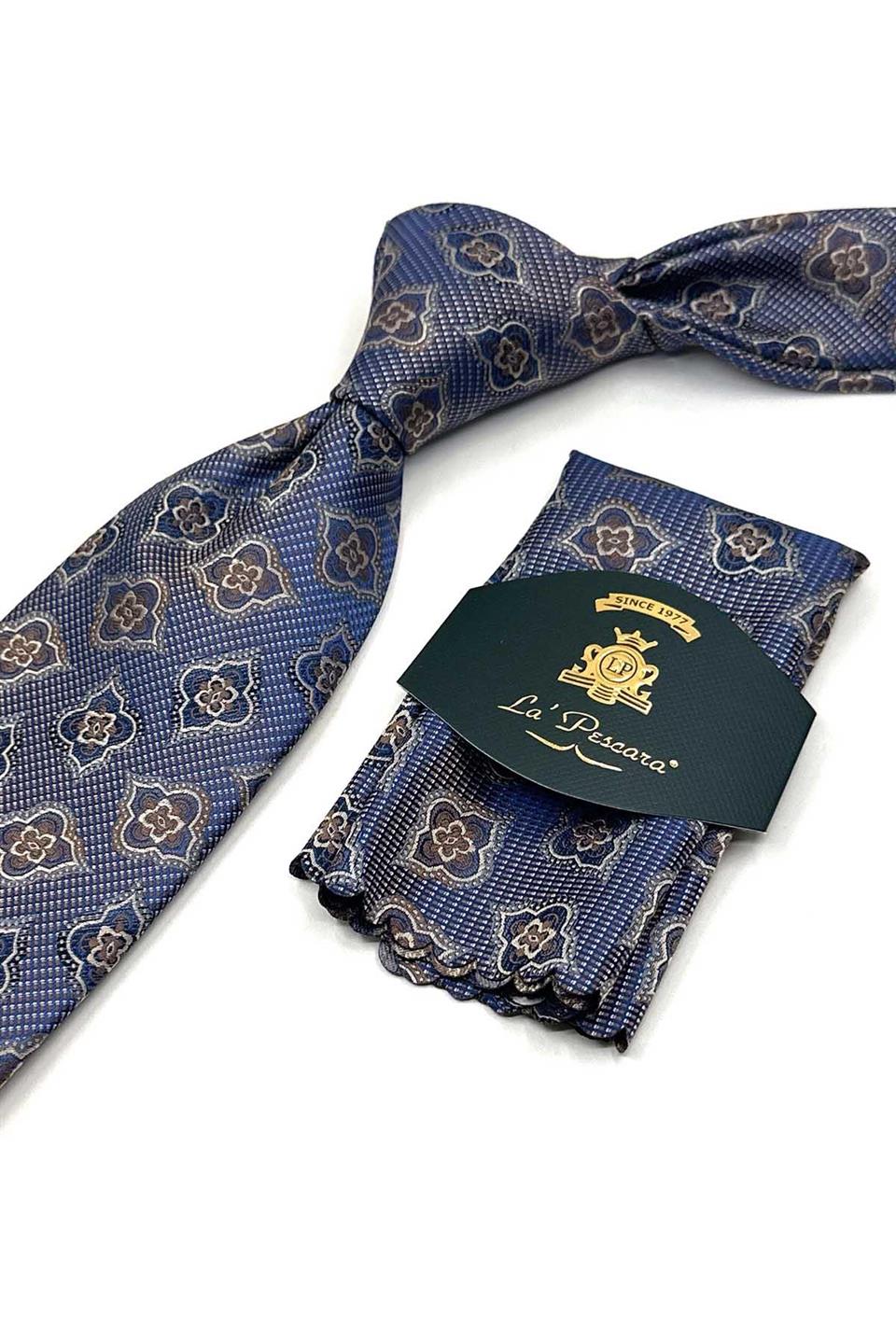 Mavi - Kahve Motif Desen Mendilli Klasik Kravat KK13610