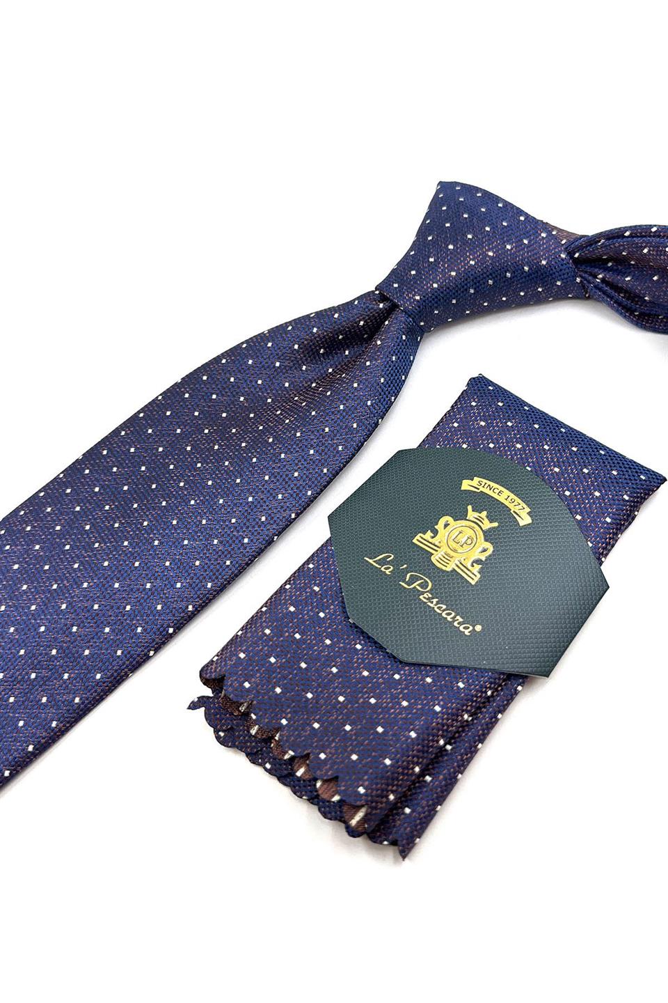 Mavi - Kahve Nokta Desen Mendilli Klasik Kravat KK11100
