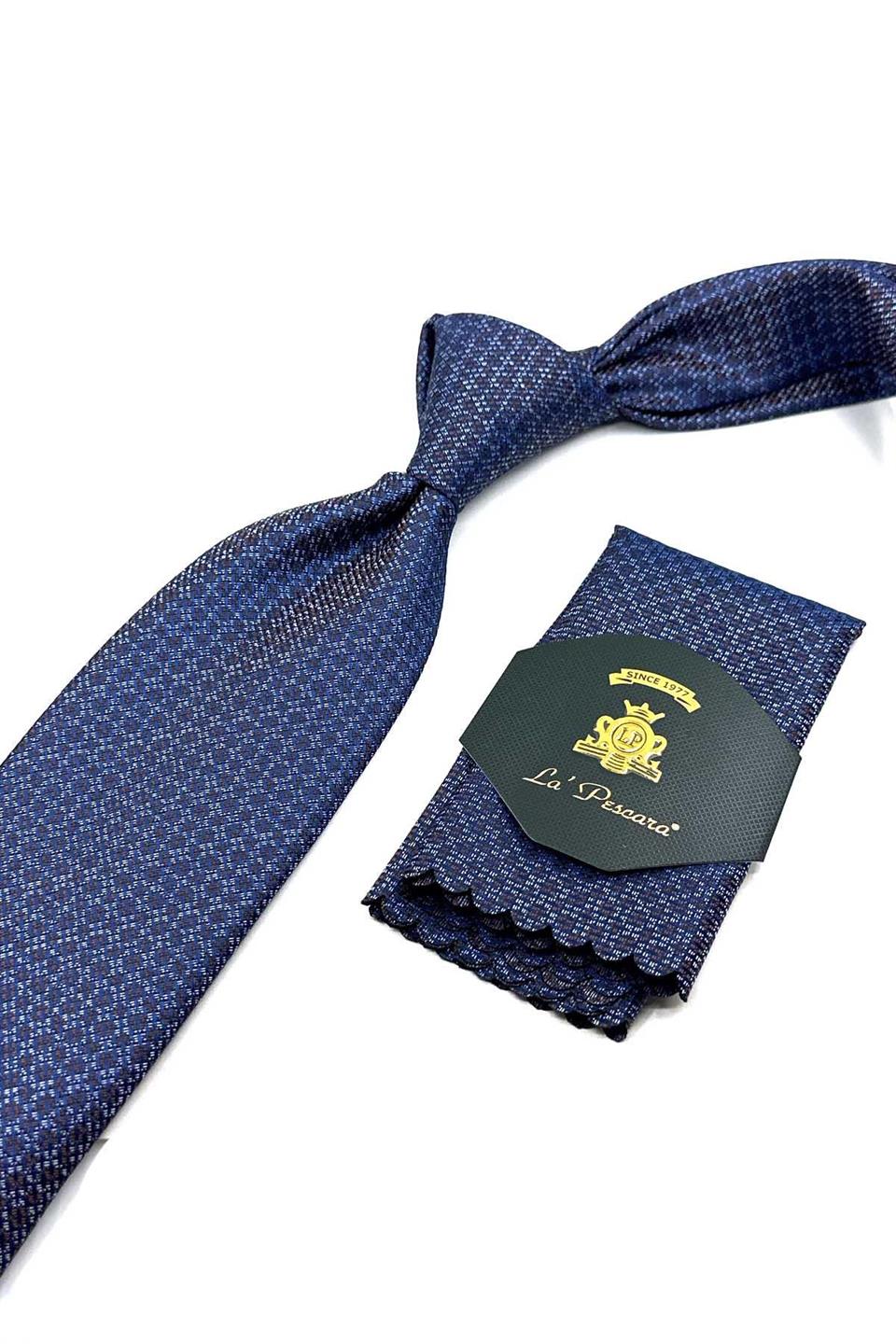 Mavi - Kahve Nokta Desen Mendilli Klasik Kravat KK12582
