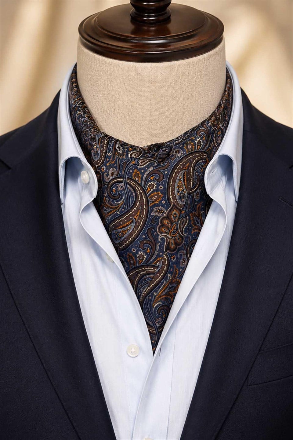 Mavi Kahve Şal Desen İtalyan İpek Ascot Kravat SAC121
