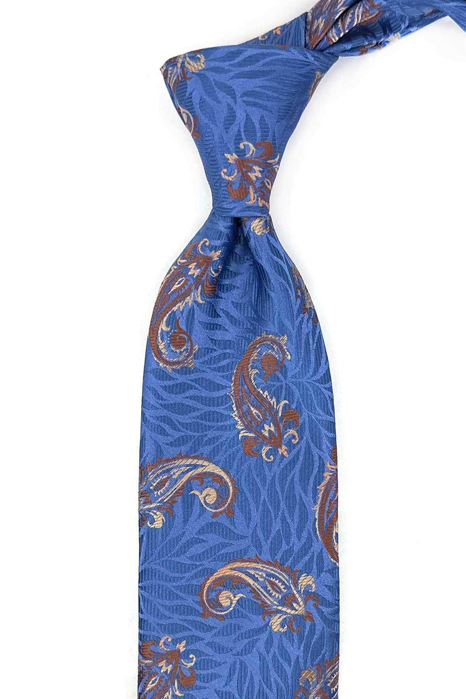 Mavi - Kahve Şal Desen Mendilli Klasik Kravat KK13303