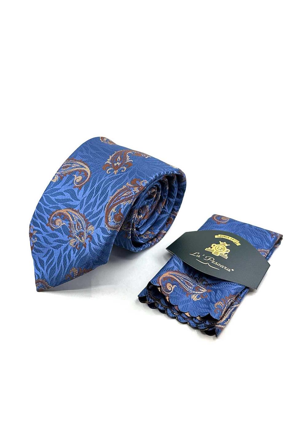 Mavi - Kahve Şal Desen Mendilli Klasik Kravat KK13303