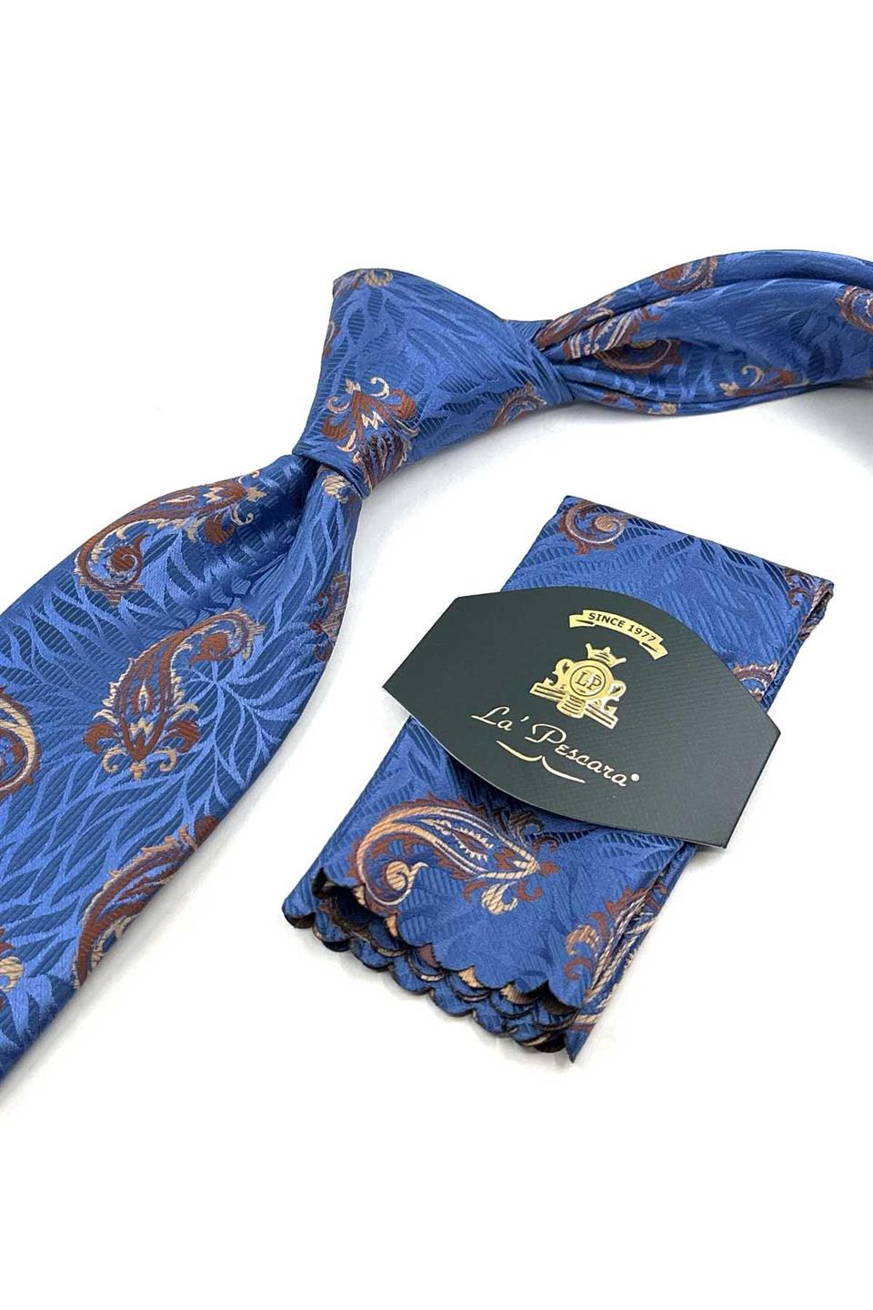 Mavi - Kahve Şal Desen Mendilli Klasik Kravat KK13303