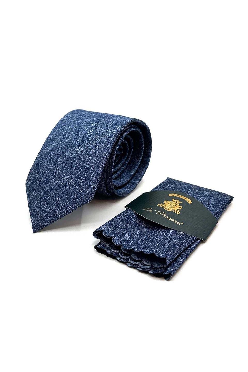 Mavi Kare Desen Mendilli Klasik Kravat KK13061