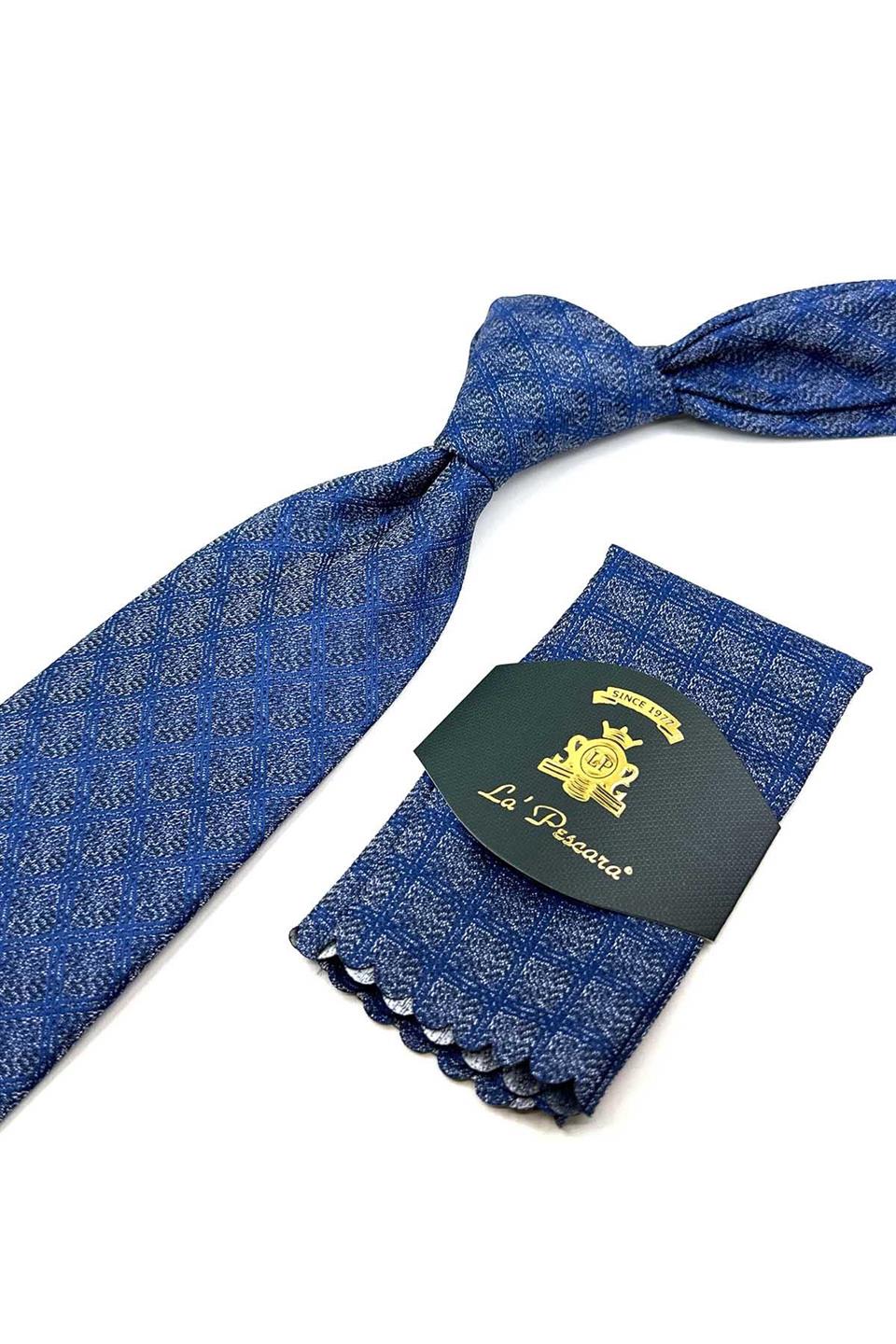 Mavi Kare Desen Mendilli Klasik Kravat KK12488