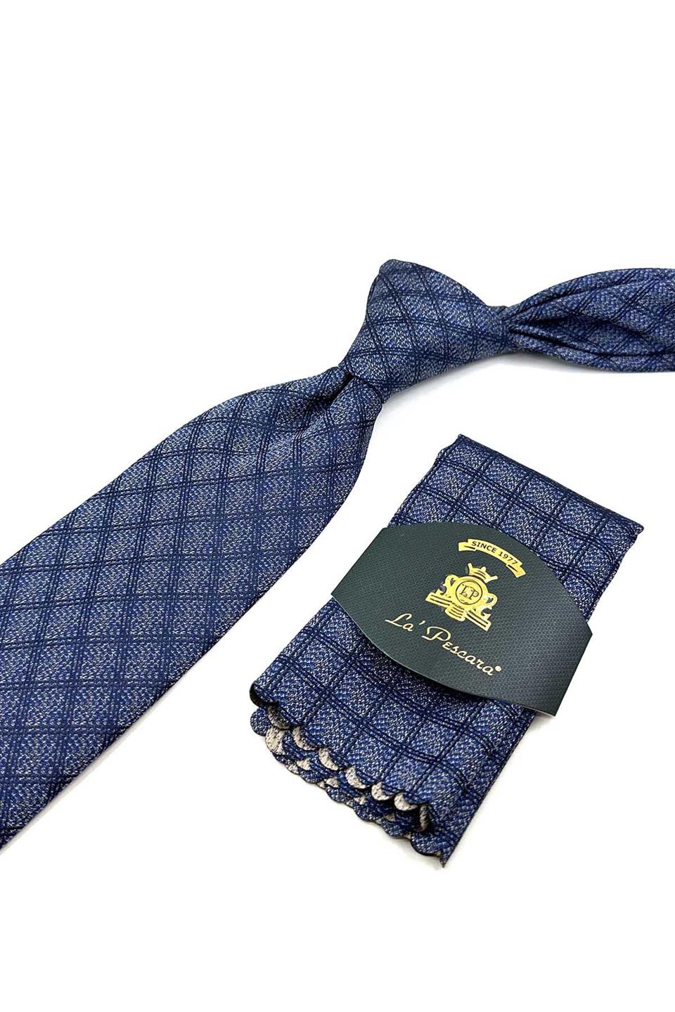 Mavi Kare Desen Mendilli Klasik Kravat KK12485