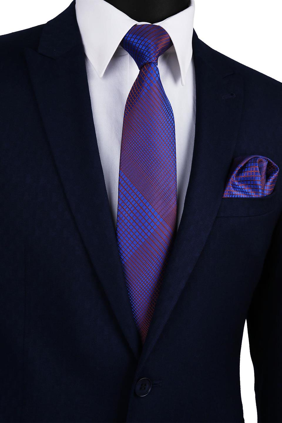 Mavi Kendinden Desen Mendilli Klasik Kravat KK9732