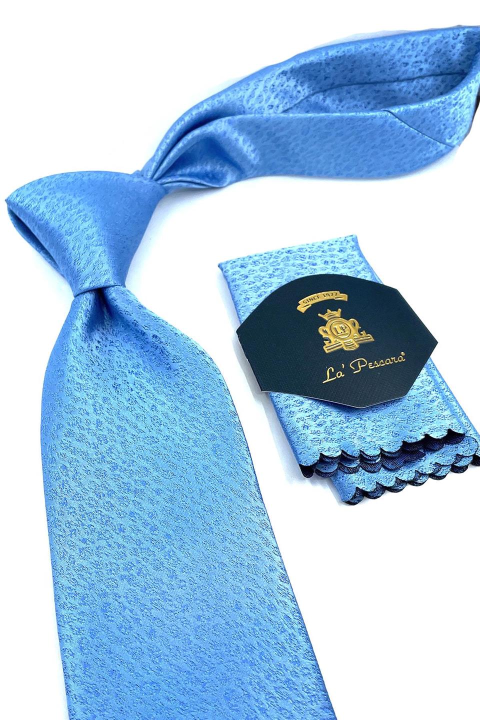 Mavi Kendinden Desen Mendilli Klasik Kravat KK10956