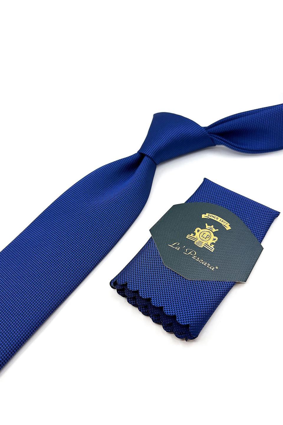 Mavi Kendinden Desen Mendilli Klasik Kravat KK11041