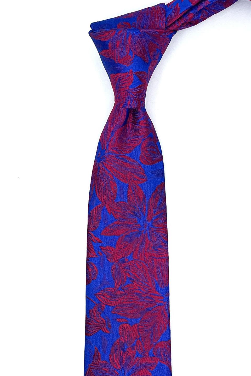 Mavi - Kırmızı Çiçek Desen İnce Kravat SK7605