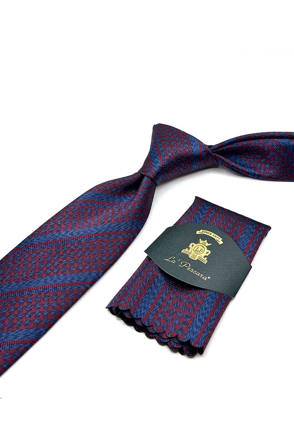 Mavi - Kırmızı Kaz Ayağı Mendilli Klasik Kravat KK12848