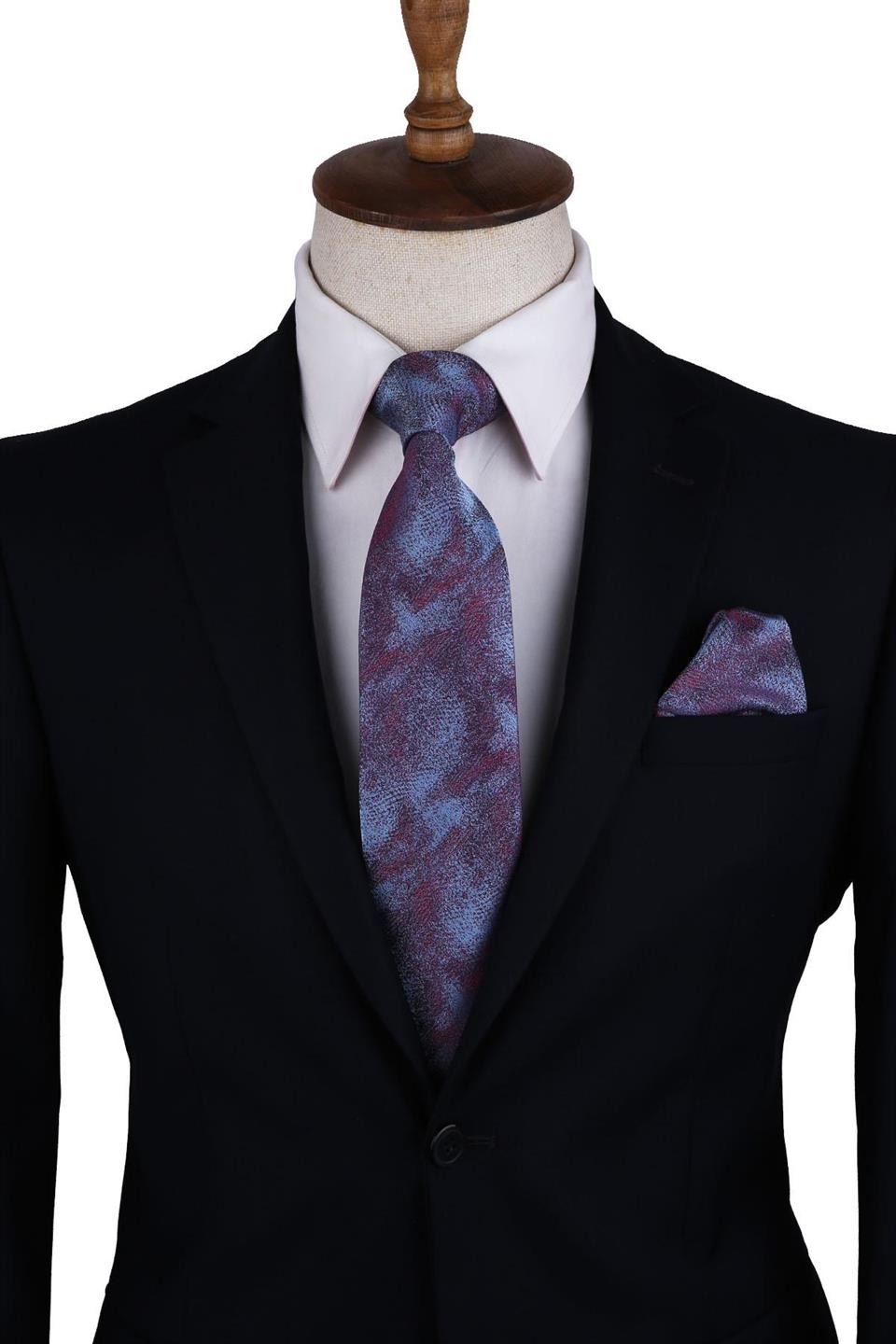 Mavi - Kırmızı Kum Desen Mendilli Klasik Kravat KK10544