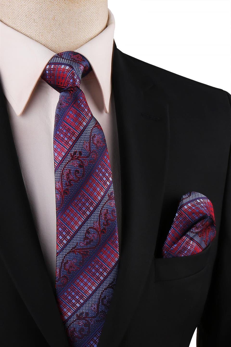 Mavi - Kırmızı Motif Desen Mendilli Klasik Kravat KK10803